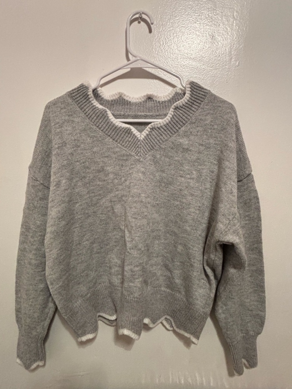 SHEIN Light Gray V-Neck Sweater with White Trim